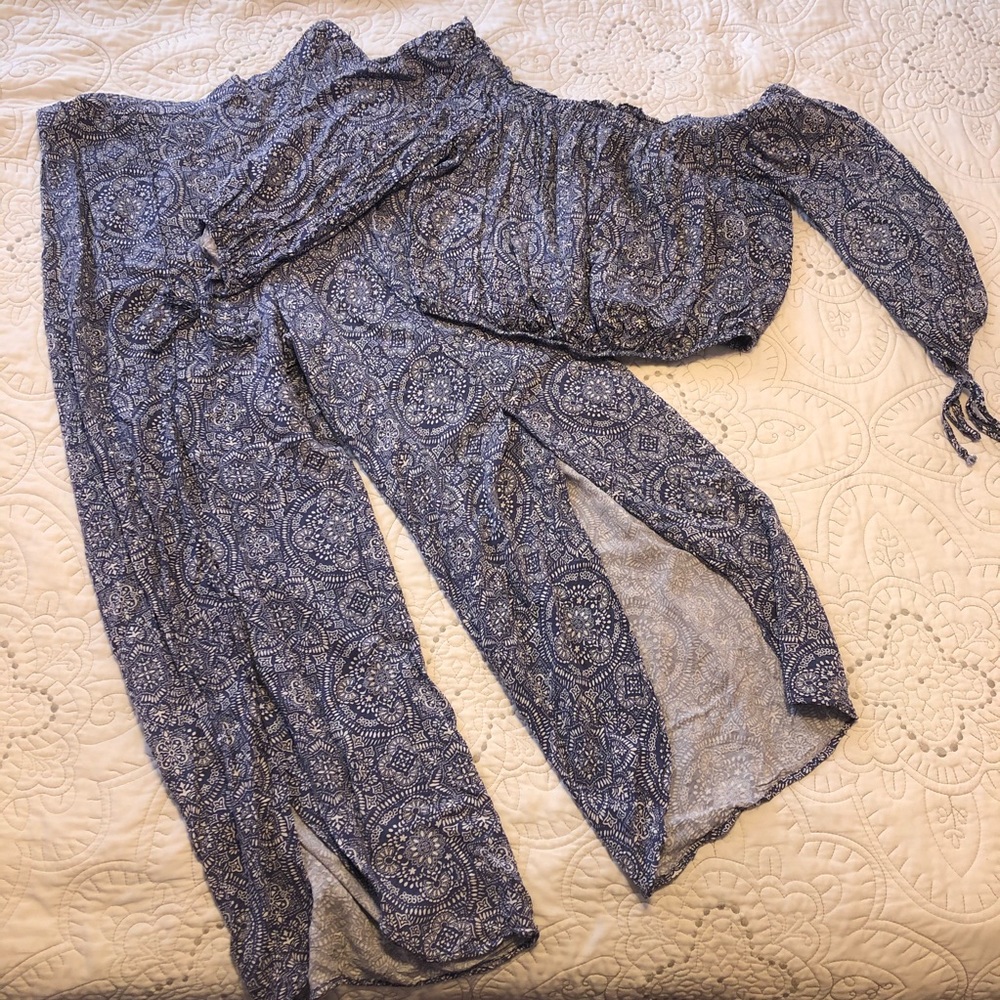 two piece set- off the shoulder top and flowy pant